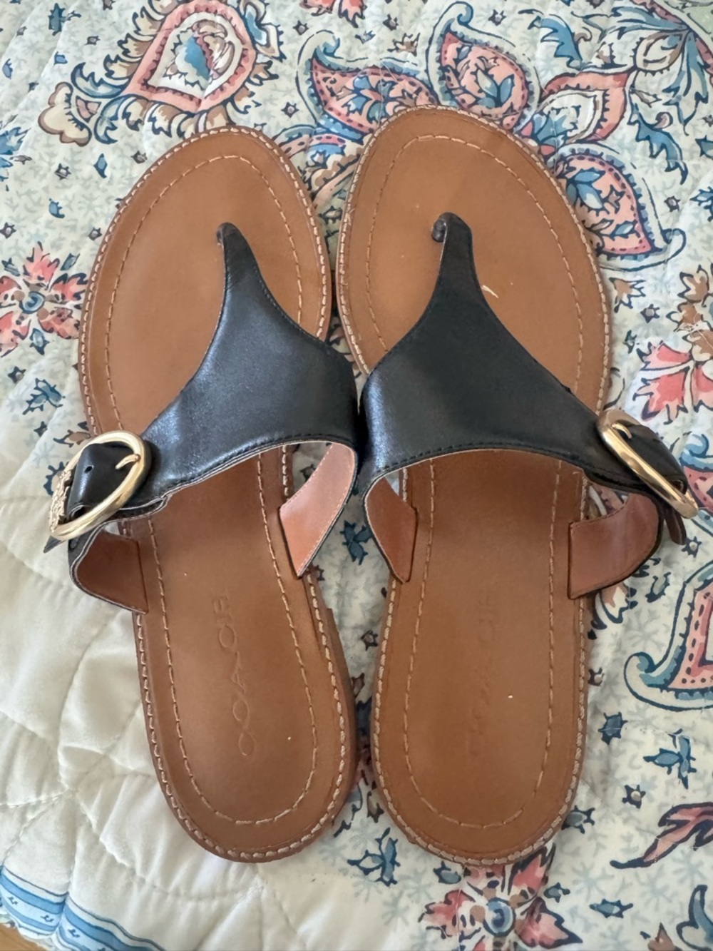 Coach Black Leather Thong Sandals with Gold Buckle